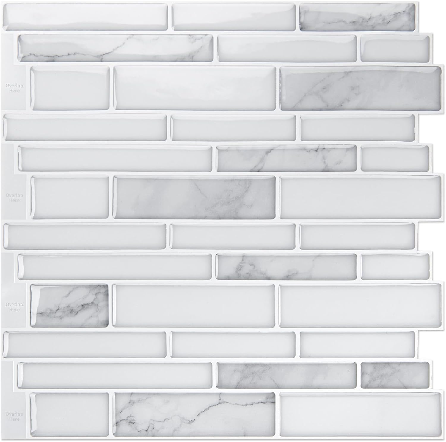 Hanynest Peel and Stick Kitchen Backsplash Tiles 10-Sheet, Self Adhesive Wall Tiles, White Marble Design, 12"x12"