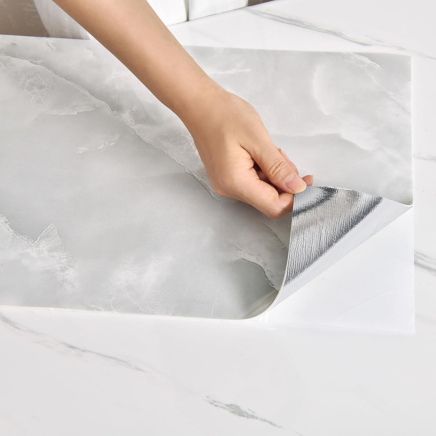 Hanynest Peel and Stick Wall Panels 10-Pack, Marble Look Backsplash Tile, Lightweight for Kitchen Bathroom Living Room Bedroom, Gray, 23.6x11.8in