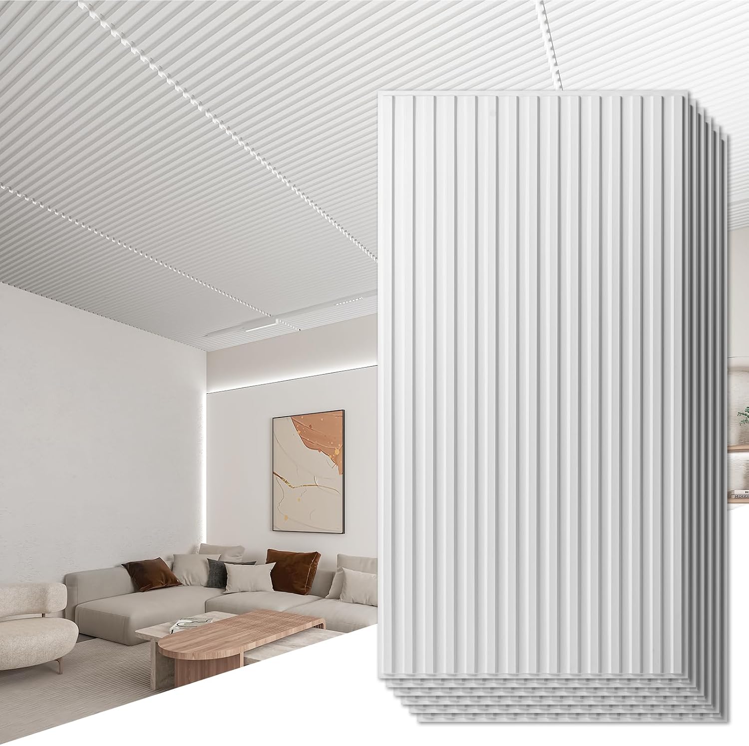Hanynest 3D Fluted Textured Slat Wall Panel, 12-Tile Pack, Wood Grain Decorative Wall Panel, Walnut, 19.7 x 19.7in
