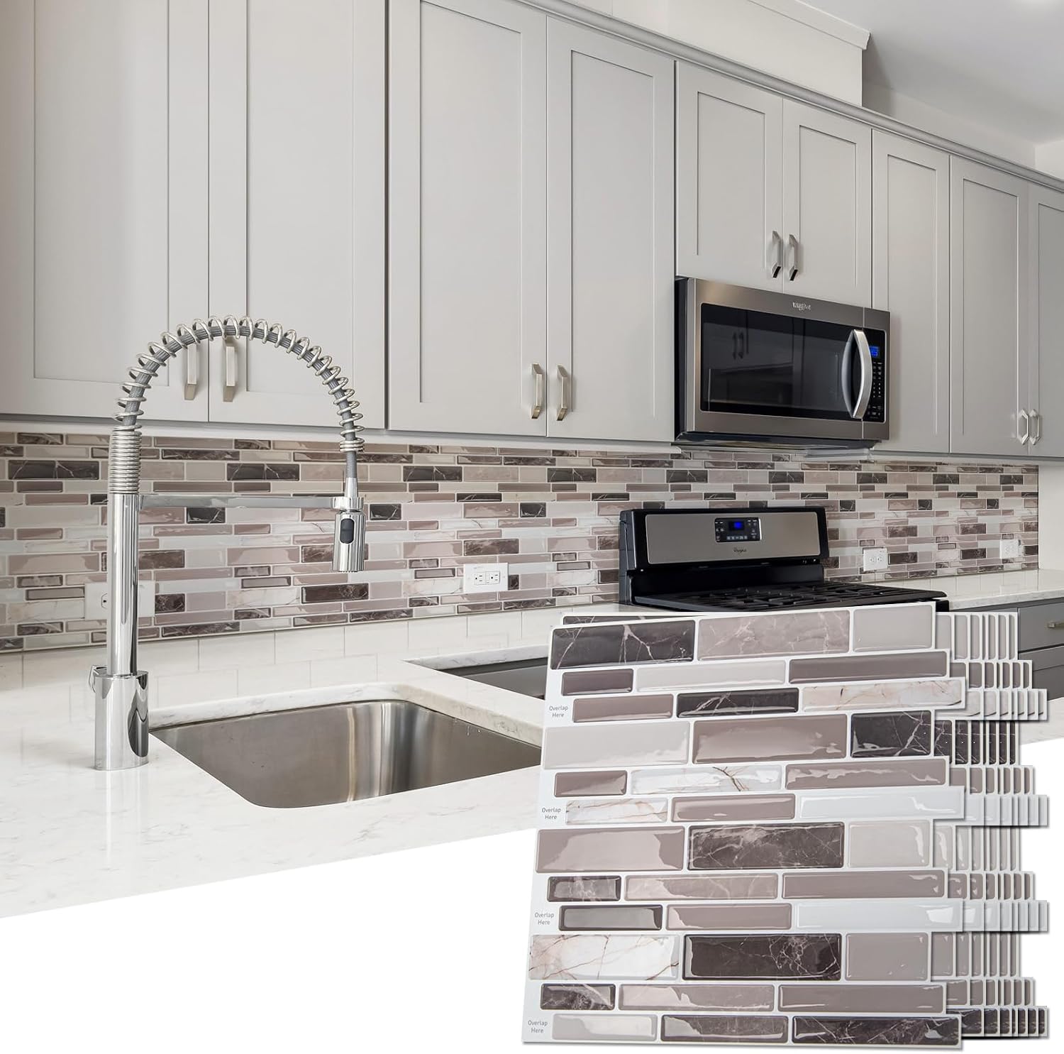 Hanynest Peel and Stick Kitchen Backsplash Tiles 10-Sheet, Self Adhesive Wall Tiles, White Marble Design, 12"x12"
