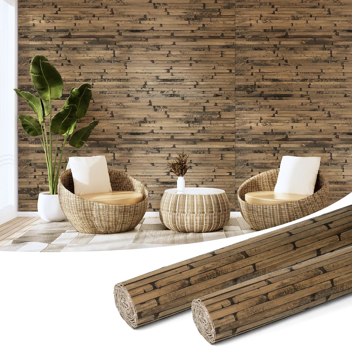 Hanynest Natural Bamboo Wall Panel, Flexible Pole Wrap Wainscoting Cladding for Living Room Bedroom Office Kitchen Island, Light-Carbonized, 48 x 96in