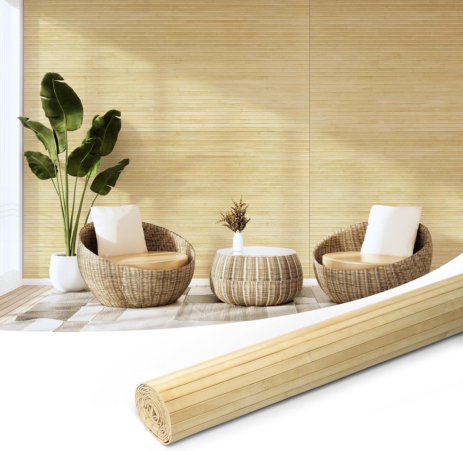 Hanynest Natural Bamboo Wall Panel, Flexible Pole Wrap Wainscoting Cladding for Living Room Bedroom Office Kitchen Island, Light-Carbonized, 48 x 96in