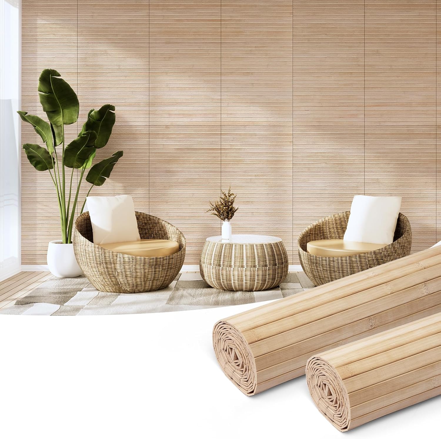 Hanynest Natural Bamboo Wall Panel, Flexible Pole Wrap Wainscoting Cladding for Living Room Bedroom Office Kitchen Island, Light-Carbonized, 48 x 96in