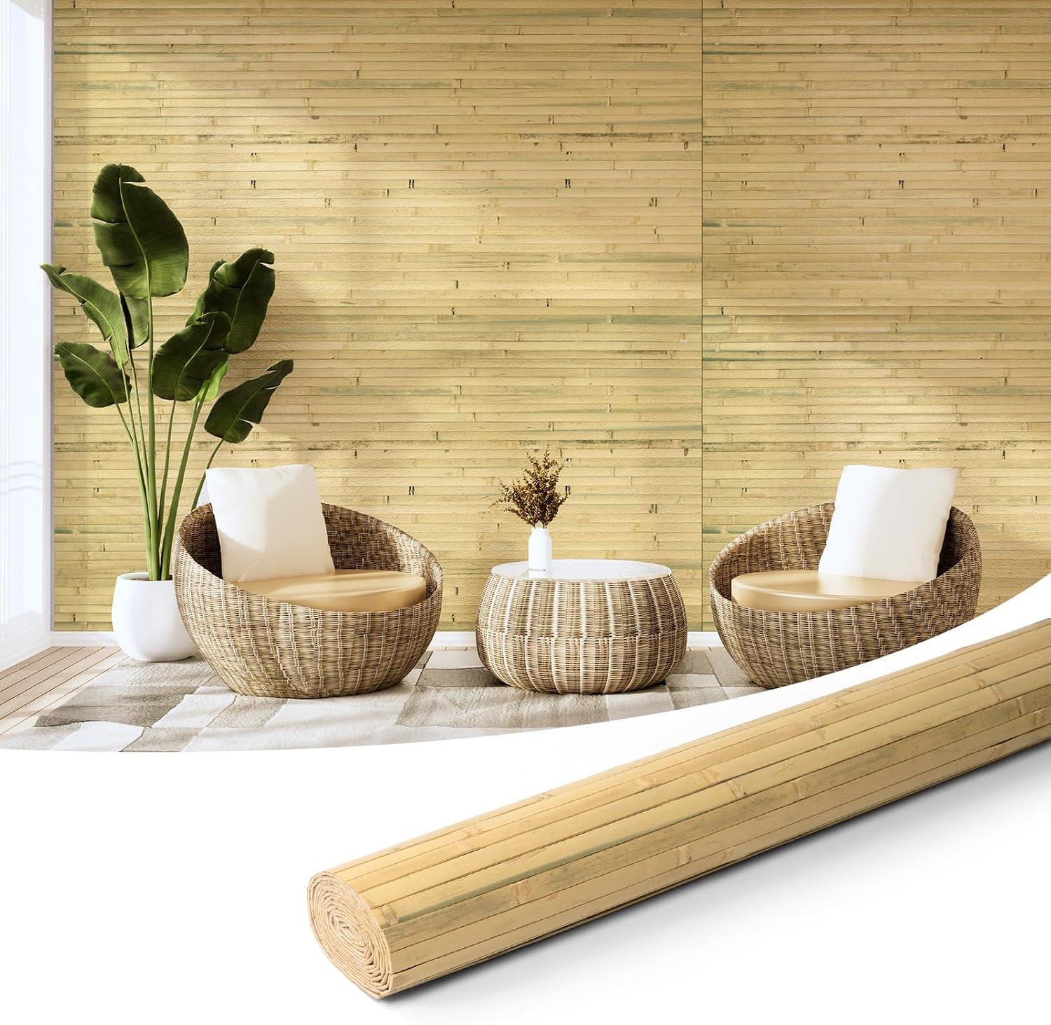 Hanynest Natural Bamboo Wall Panel, Flexible Pole Wrap Wainscoting Cladding for Living Room Bedroom Office Kitchen Island, Light-Carbonized, 48 x 96in
