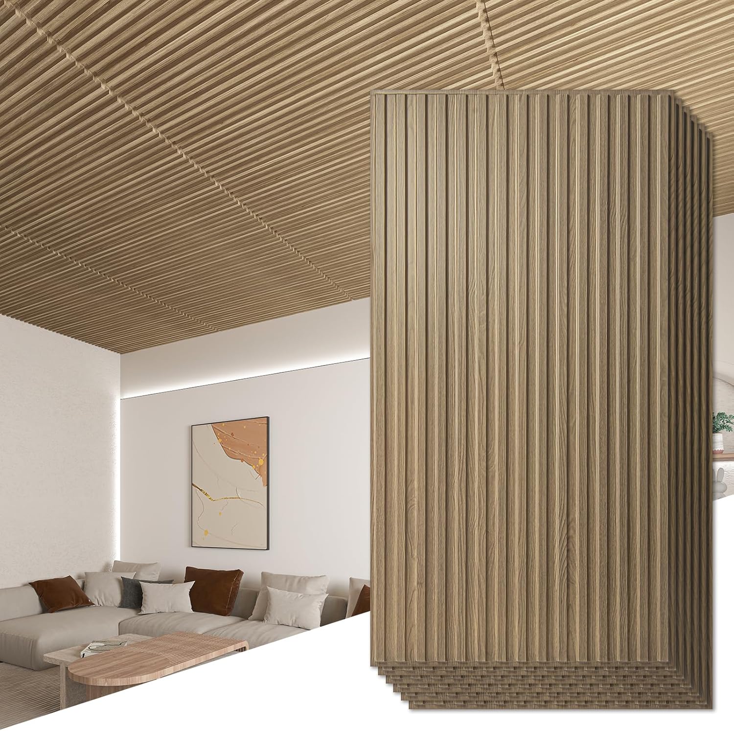 Hanynest 3D Fluted Textured Slat Wall Panel, 12-Tile Pack, Wood Grain Decorative Wall Panel, Walnut, 19.7 x 19.7in
