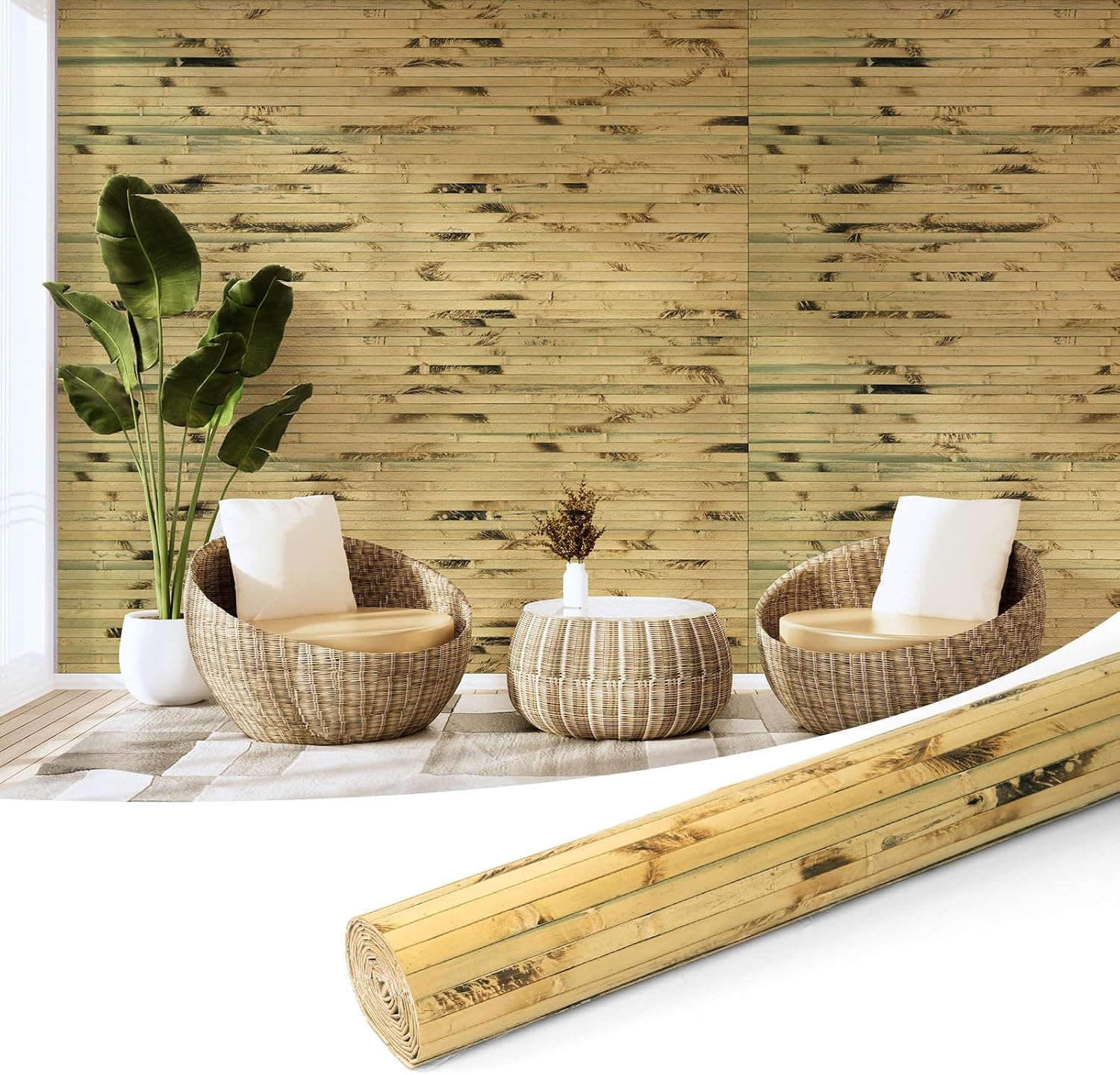 Hanynest Natural Bamboo Wall Panel, Flexible Pole Wrap Wainscoting Cladding for Living Room Bedroom Office Kitchen Island, Light-Carbonized, 48 x 96in