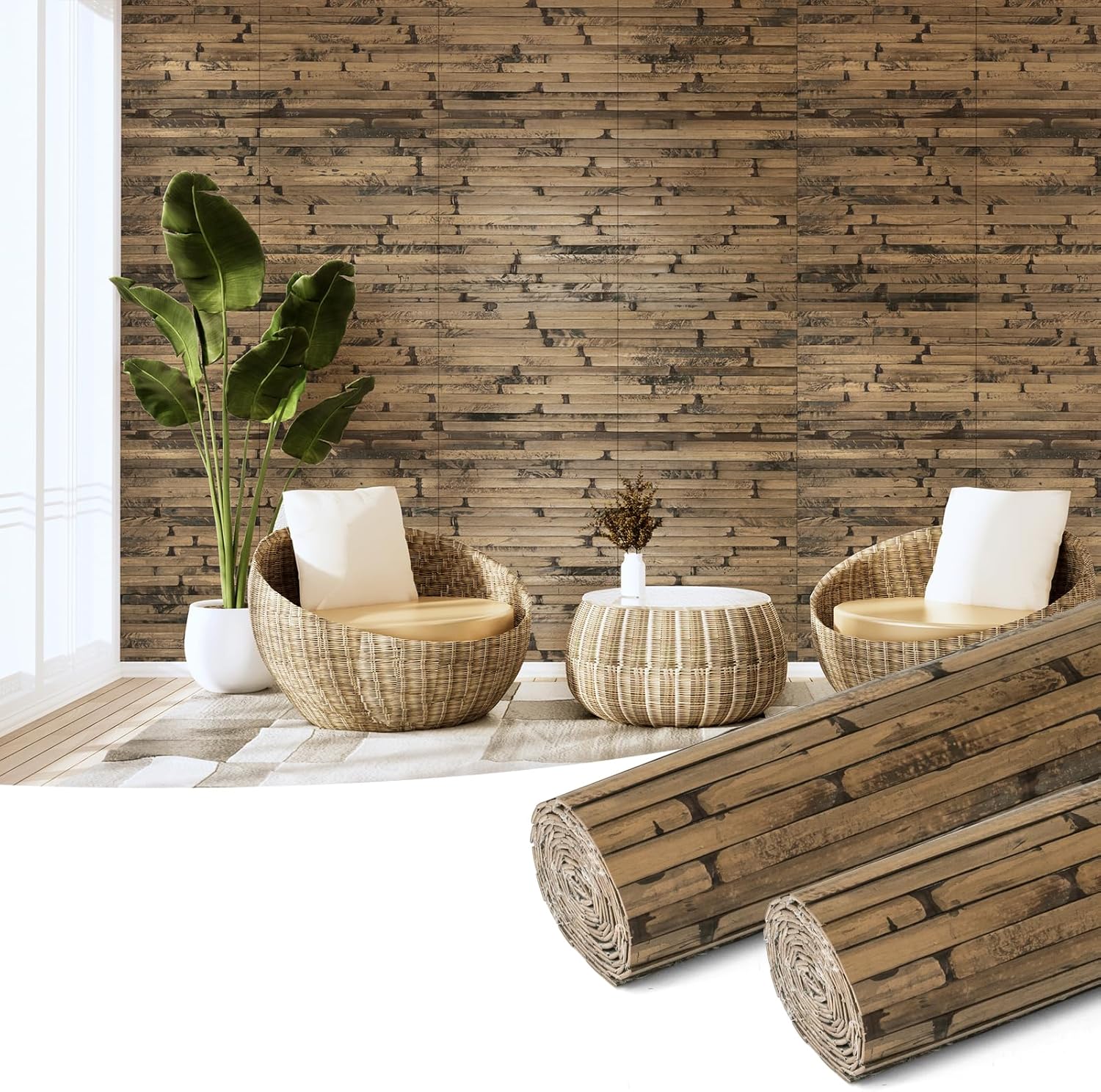 Hanynest Natural Bamboo Wall Panel, Flexible Pole Wrap Wainscoting Cladding for Living Room Bedroom Office Kitchen Island, Light-Carbonized, 48 x 96in