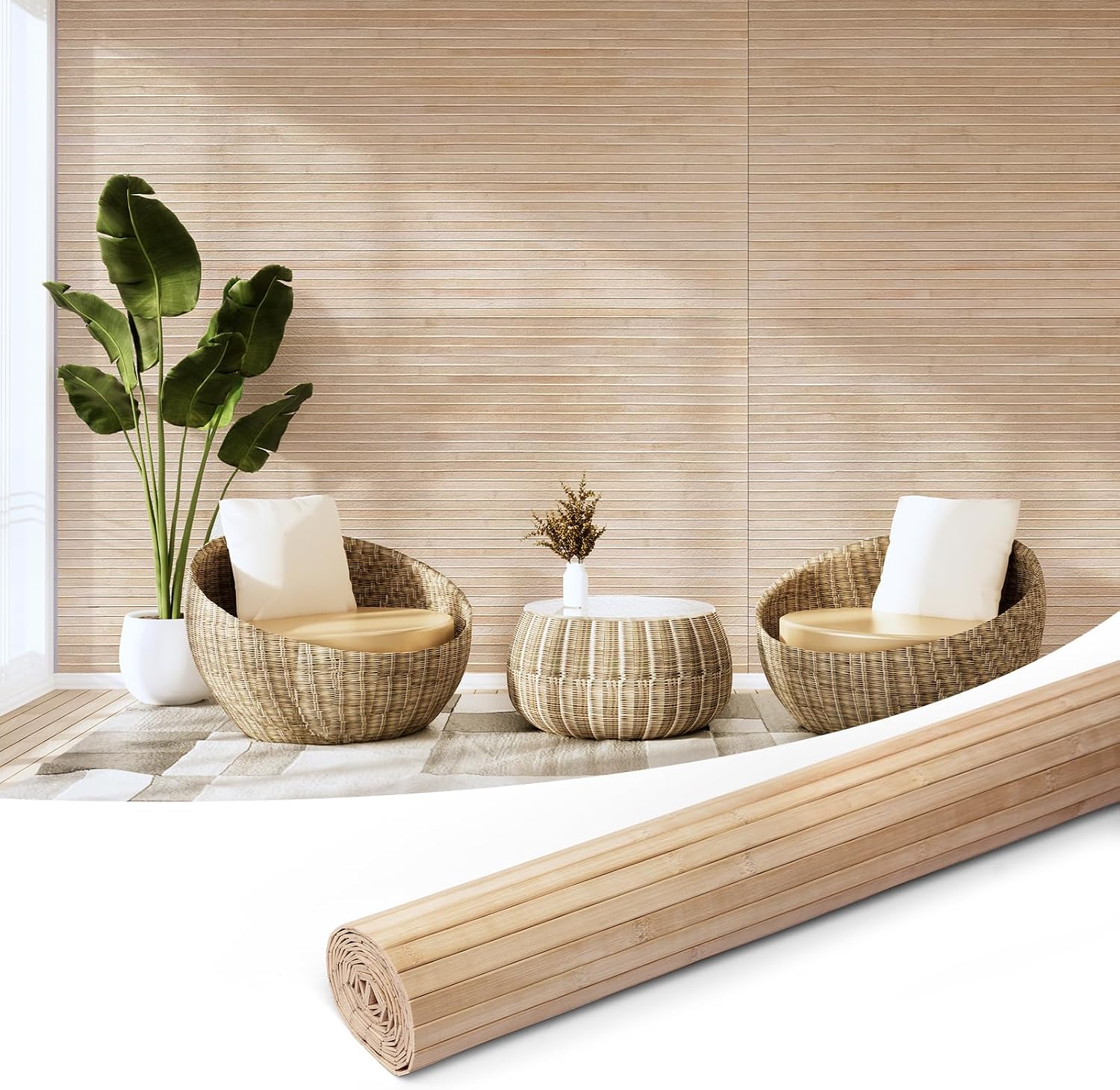 Hanynest Natural Bamboo Wall Panel, Flexible Pole Wrap Wainscoting Cladding for Living Room Bedroom Office Kitchen Island, Light-Carbonized, 48 x 96in