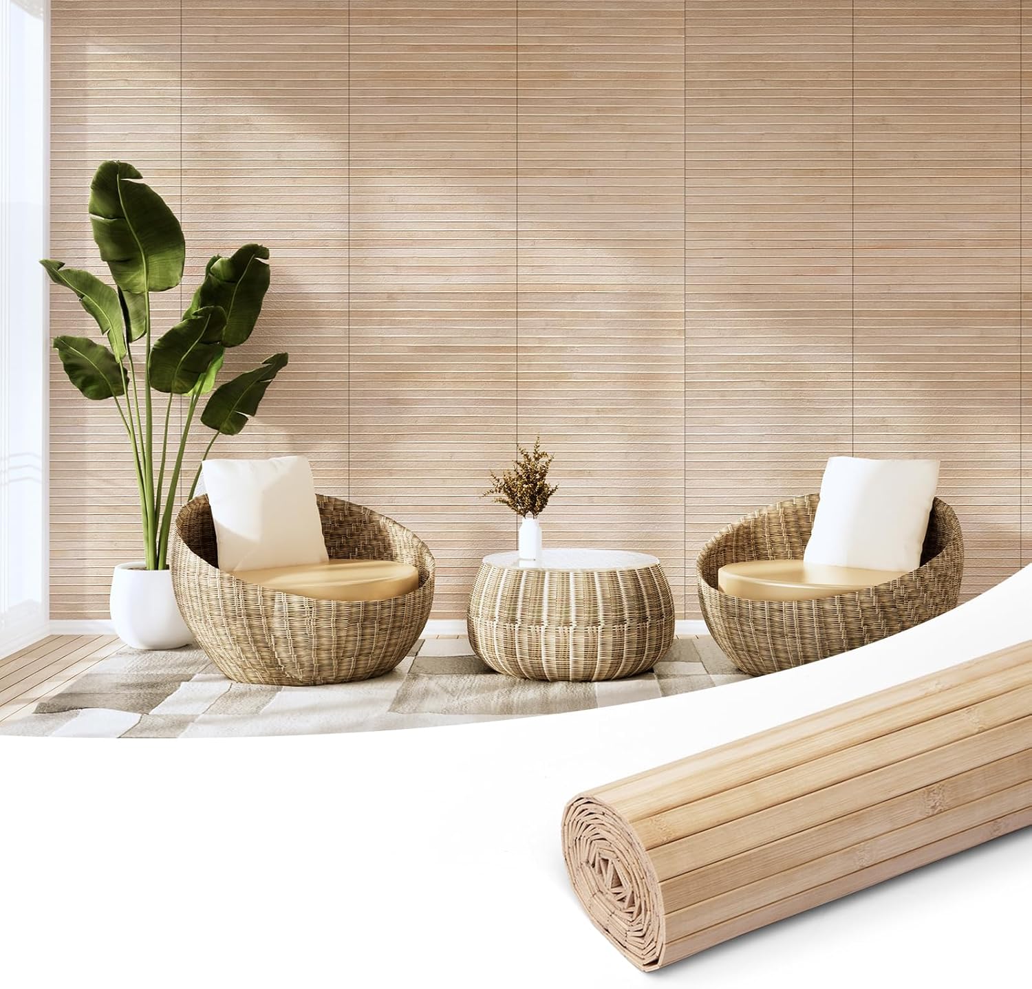 Hanynest Natural Bamboo Wall Panel, Flexible Pole Wrap Wainscoting Cladding for Living Room Bedroom Office Kitchen Island, Light-Carbonized, 48 x 96in