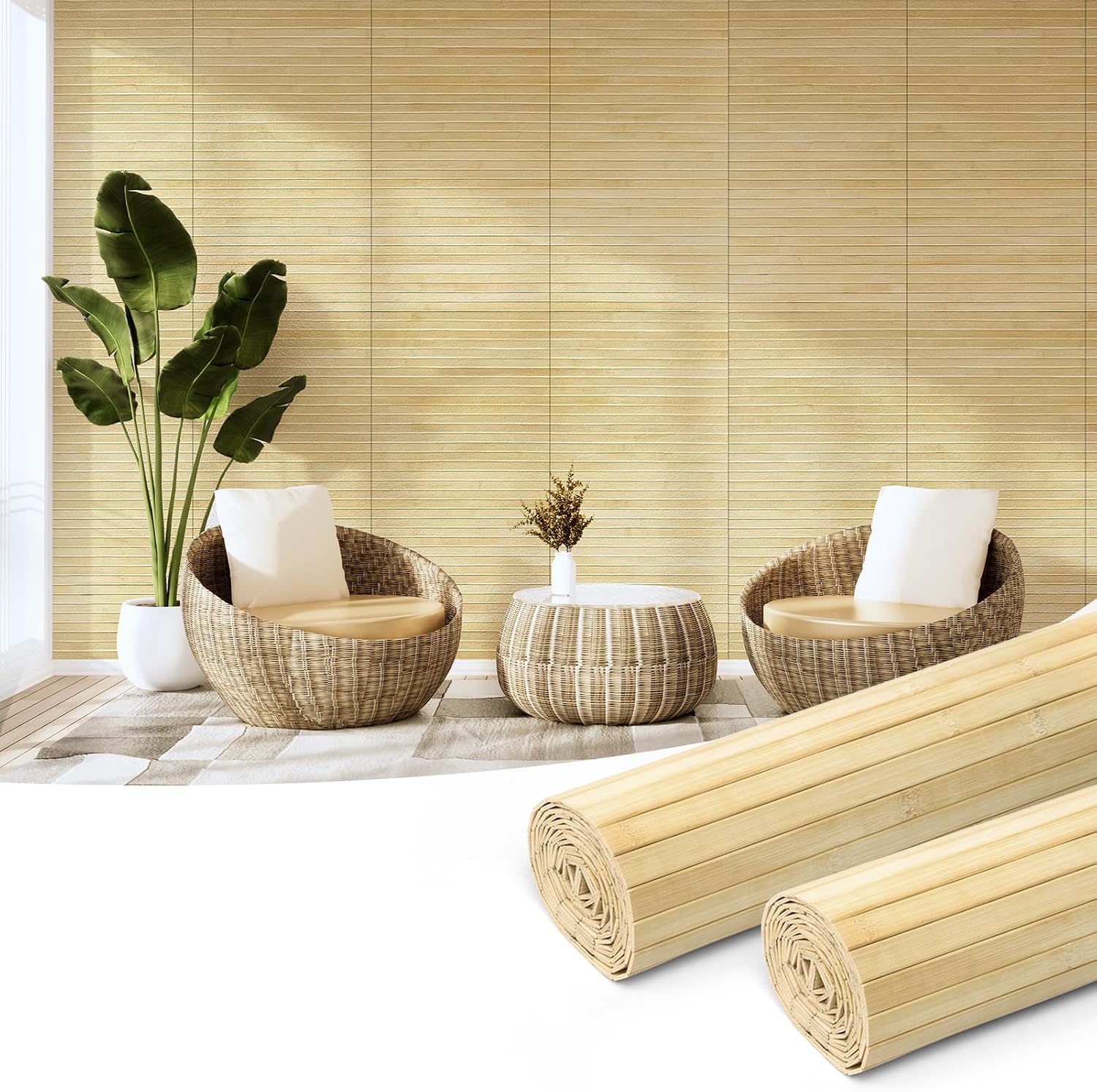 Hanynest Natural Bamboo Wall Panel, Flexible Pole Wrap Wainscoting Cladding for Living Room Bedroom Office Kitchen Island, Light-Carbonized, 48 x 96in