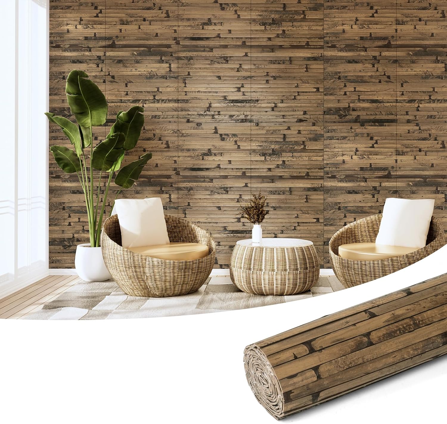 Hanynest Natural Bamboo Wall Panel, Flexible Pole Wrap Wainscoting Cladding for Living Room Bedroom Office Kitchen Island, Light-Carbonized, 48 x 96in