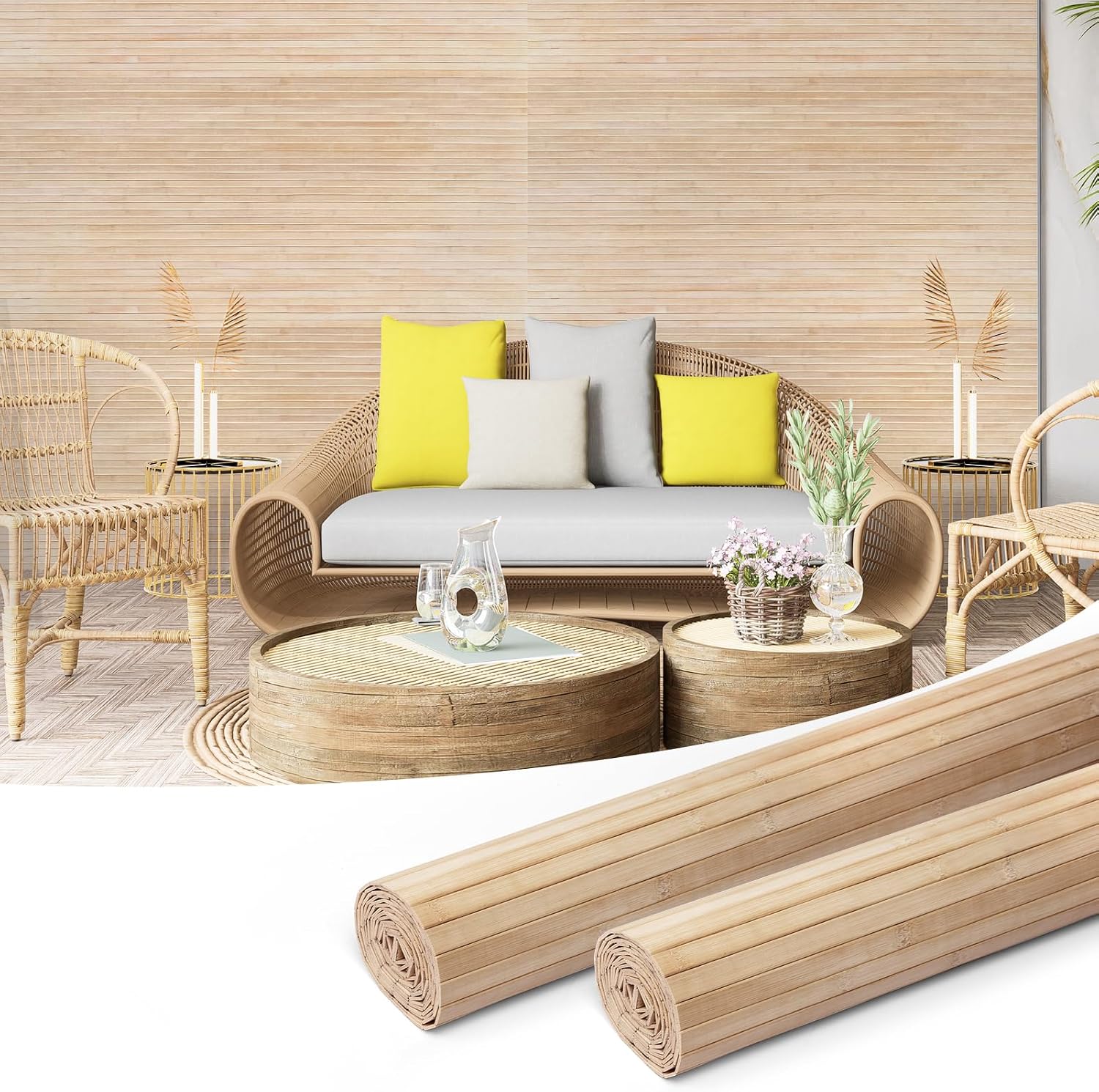Hanynest Natural Bamboo Wall Panel, Flexible Pole Wrap Wainscoting Cladding for Living Room Bedroom Office Kitchen Island, Light-Carbonized, 48 x 96in
