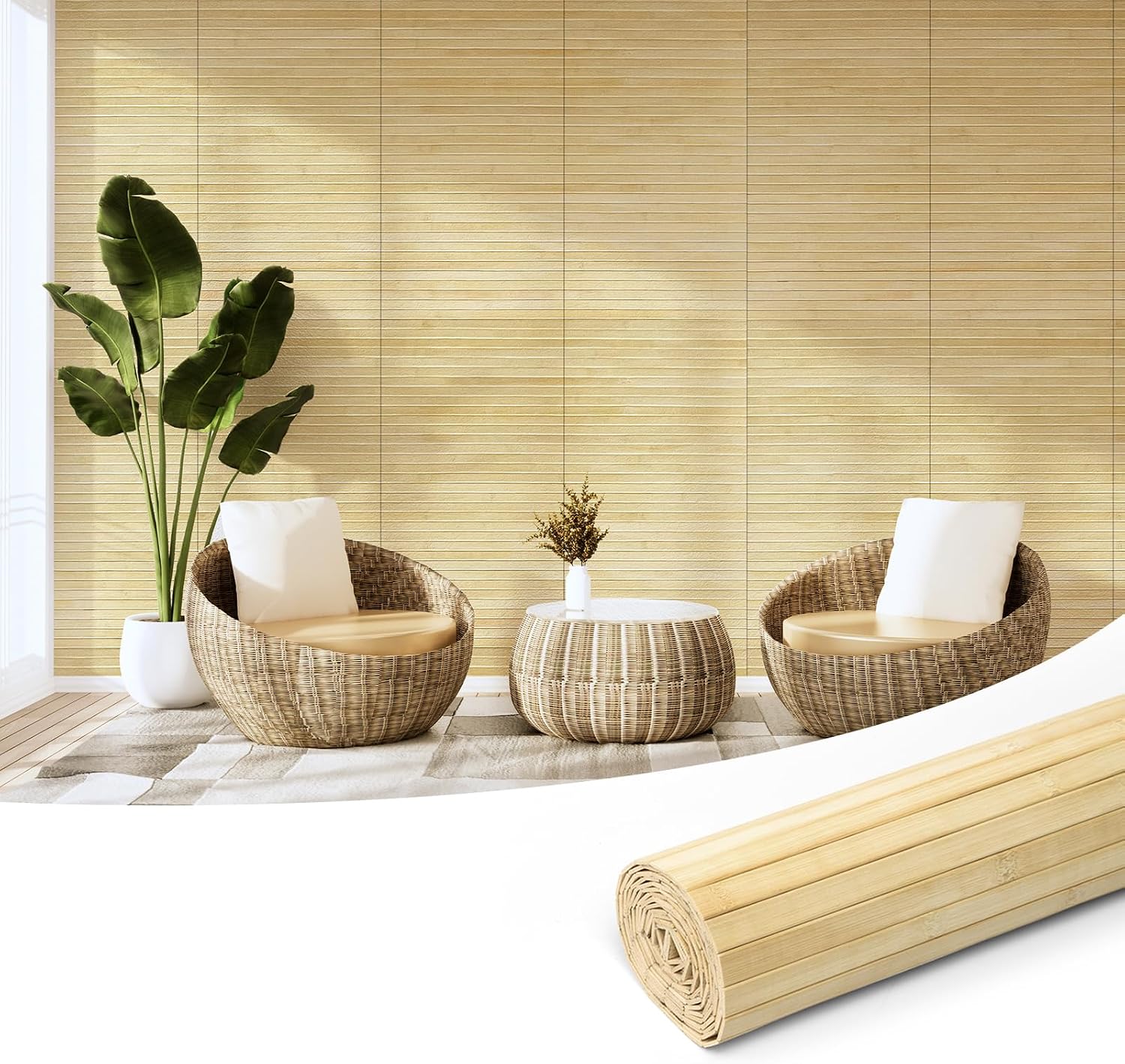Hanynest Natural Bamboo Wall Panel, Flexible Pole Wrap Wainscoting Cladding for Living Room Bedroom Office Kitchen Island, Light-Carbonized, 48 x 96in