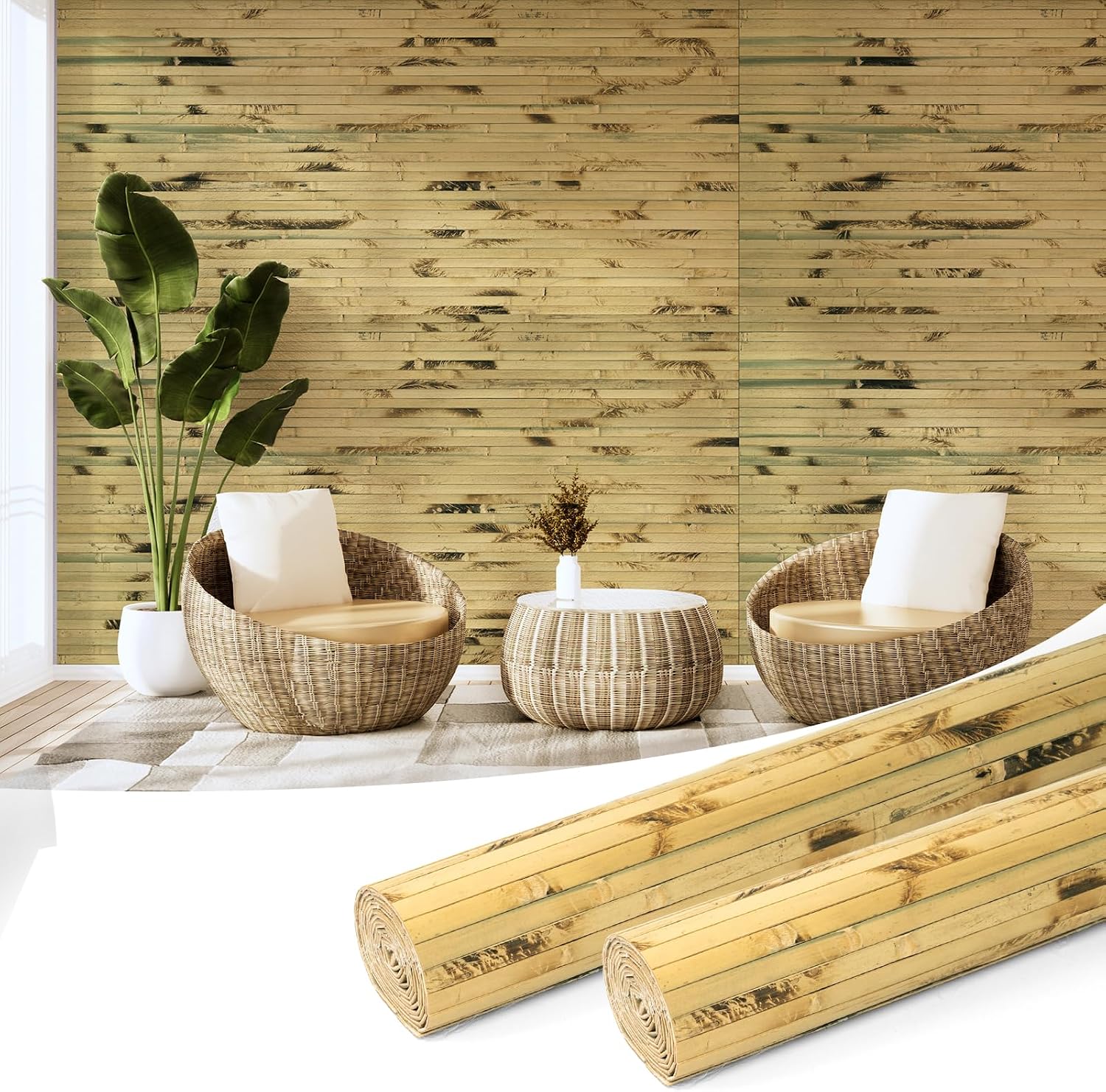 Hanynest Natural Bamboo Wall Panel, Flexible Pole Wrap Wainscoting Cladding for Living Room Bedroom Office Kitchen Island, Light-Carbonized, 48 x 96in