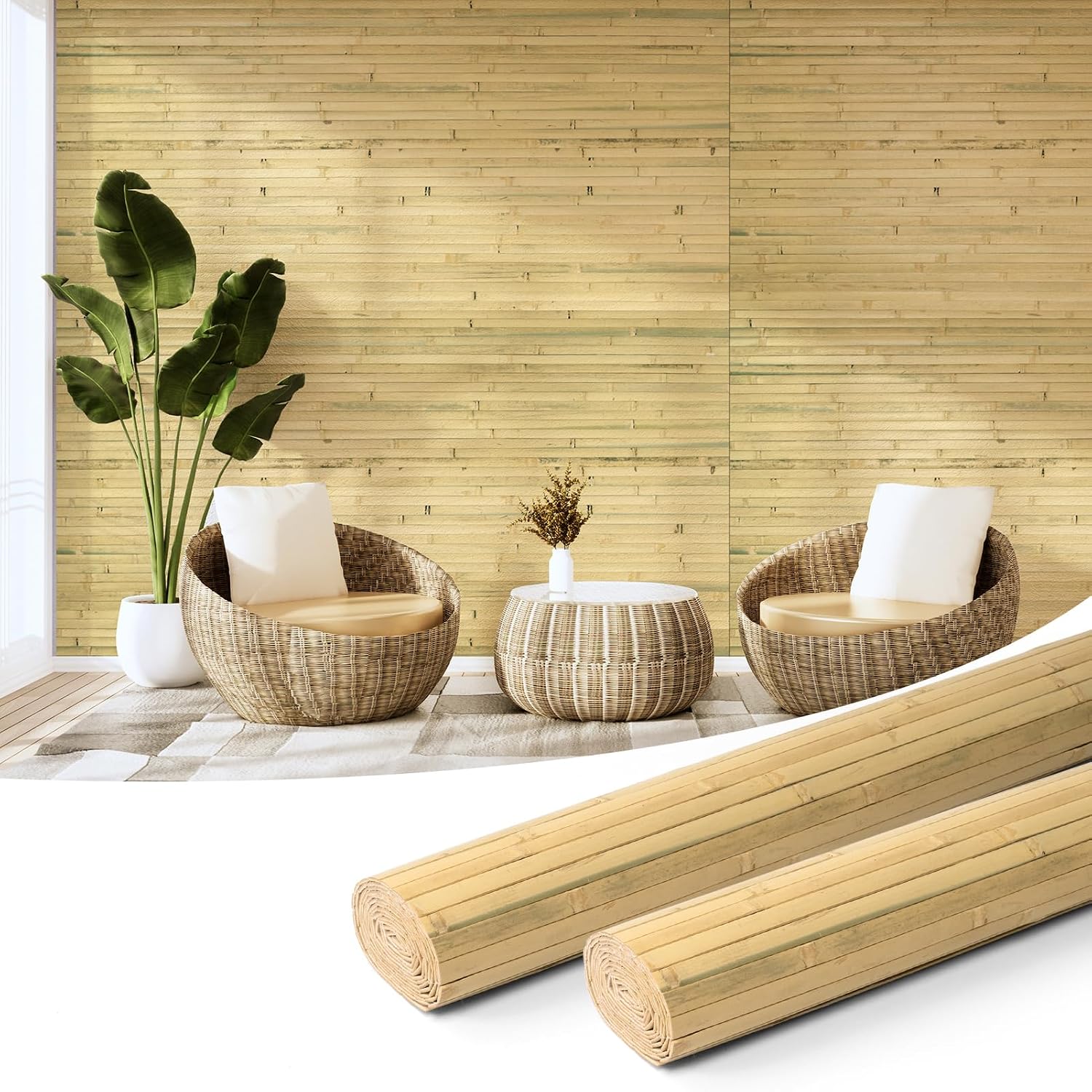 Hanynest Natural Bamboo Wall Panel, Flexible Pole Wrap Wainscoting Cladding for Living Room Bedroom Office Kitchen Island, Light-Carbonized, 48 x 96in