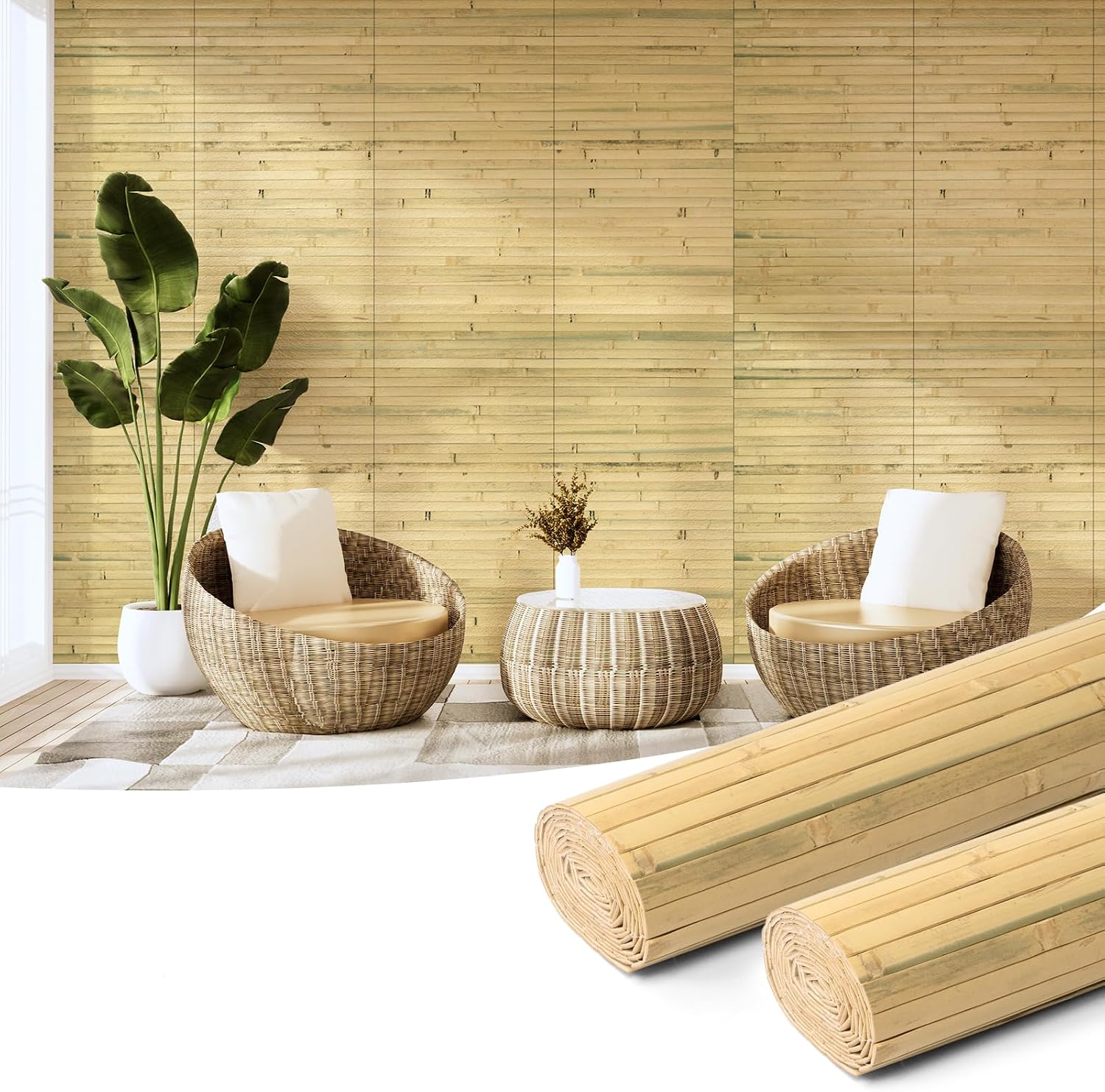 Hanynest Natural Bamboo Wall Panel, Flexible Pole Wrap Wainscoting Cladding for Living Room Bedroom Office Kitchen Island, Light-Carbonized, 48 x 96in
