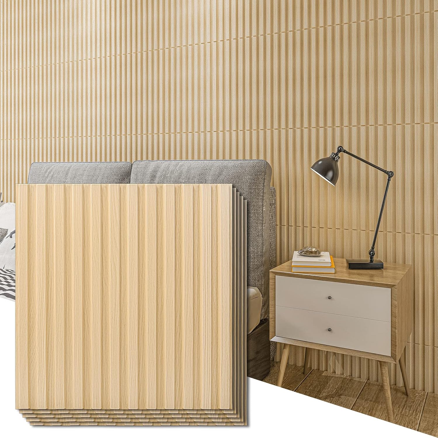 Hanynest 3D Fluted Textured Slat Wall Panel, 12-Tile Pack, Wood Grain Decorative Wall Panel, Walnut, 19.7 x 19.7in