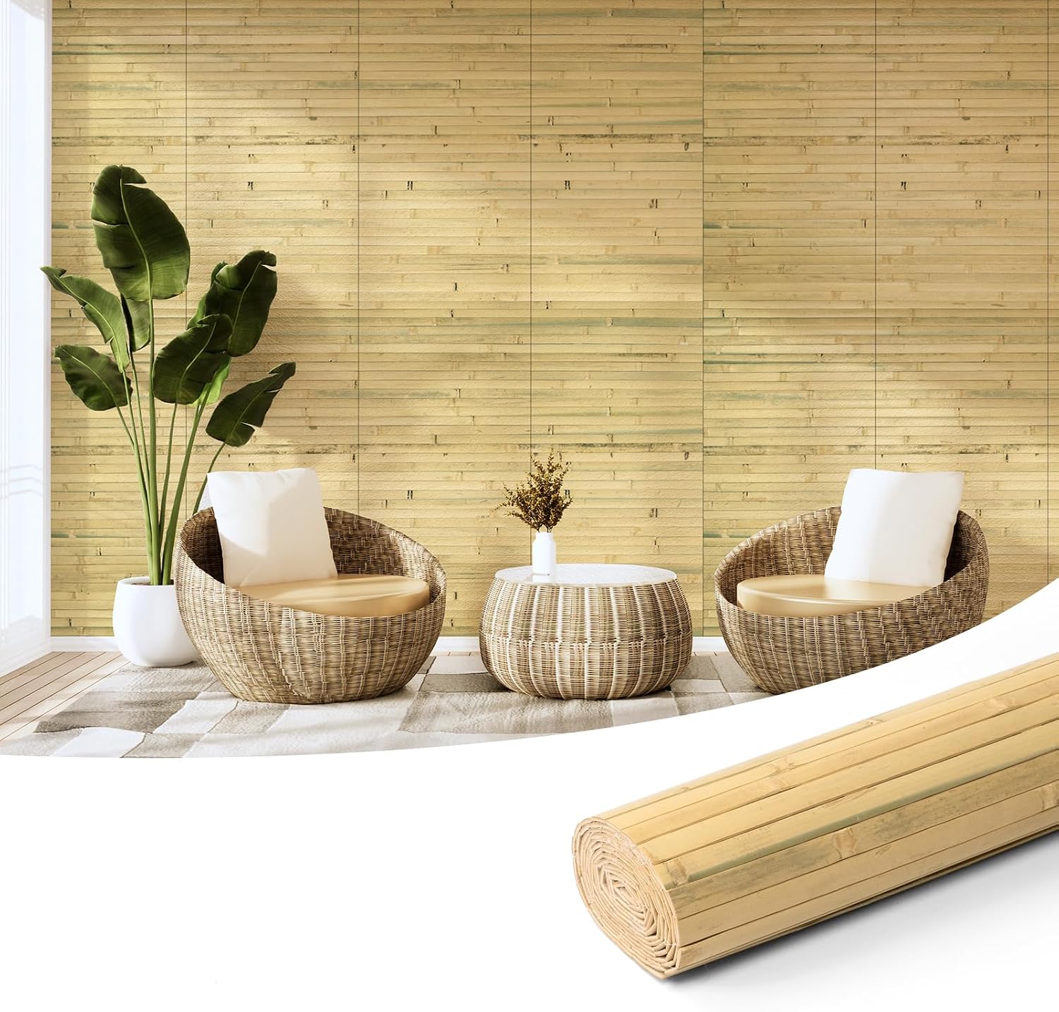 Hanynest Natural Bamboo Wall Panel, Flexible Pole Wrap Wainscoting Cladding for Living Room Bedroom Office Kitchen Island, Light-Carbonized, 48 x 96in