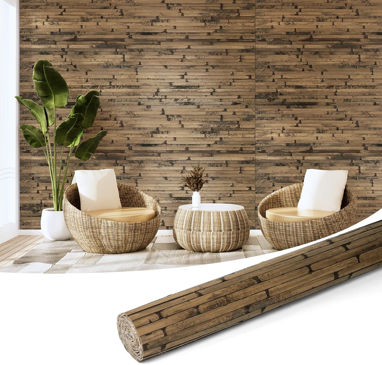 Hanynest Natural Bamboo Wall Panel, Flexible Pole Wrap Wainscoting Cladding for Living Room Bedroom Office Kitchen Island, Light-Carbonized, 48 x 96in