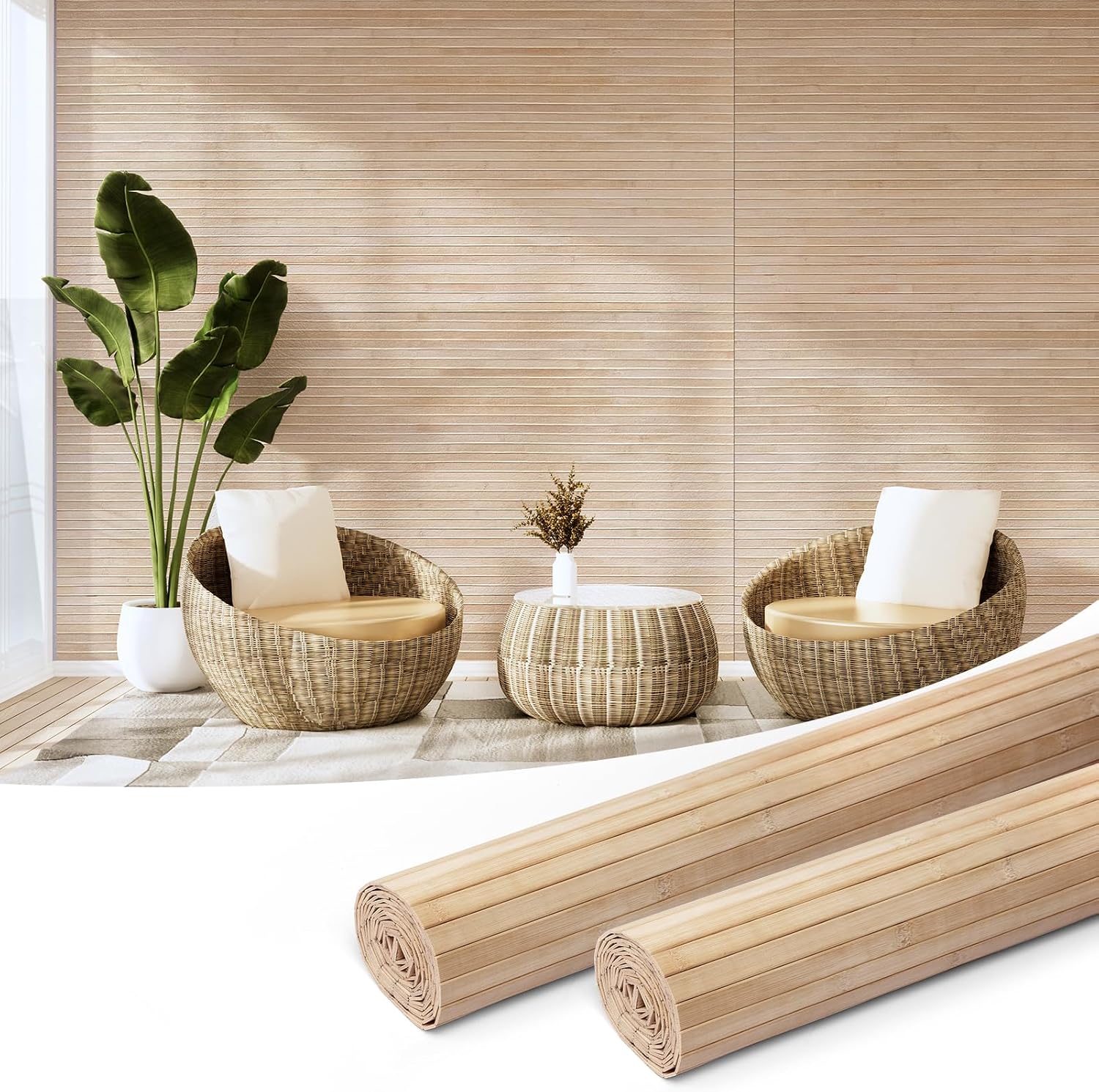Hanynest Natural Bamboo Wall Panel, Flexible Pole Wrap Wainscoting Cladding for Living Room Bedroom Office Kitchen Island, Light-Carbonized, 48 x 96in