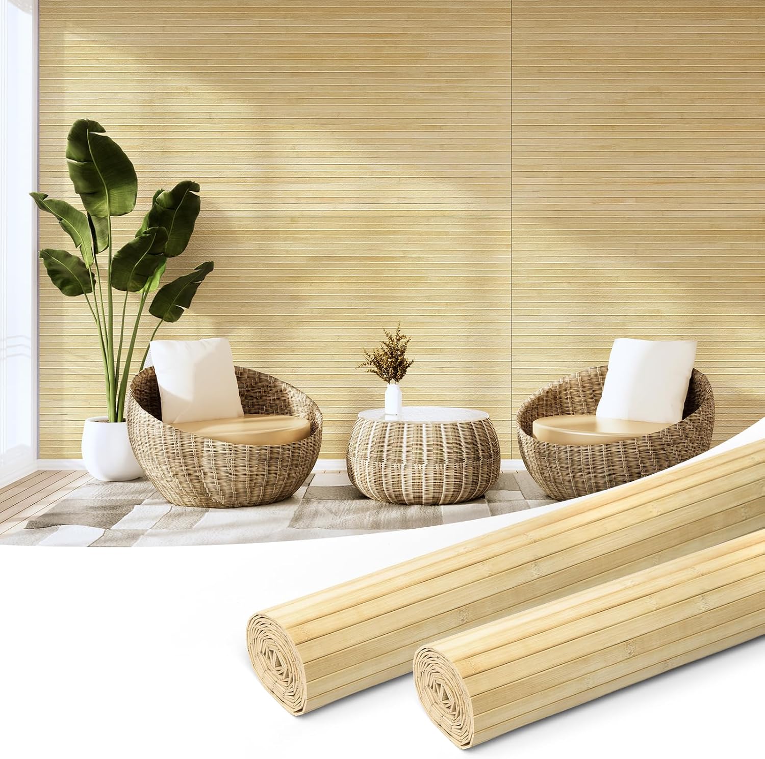 Hanynest Natural Bamboo Wall Panel, Flexible Pole Wrap Wainscoting Cladding for Living Room Bedroom Office Kitchen Island, Light-Carbonized, 48 x 96in