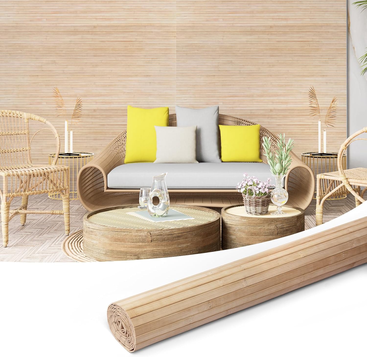 Hanynest Natural Bamboo Wall Panel, Flexible Pole Wrap Wainscoting Cladding for Living Room Bedroom Office Kitchen Island, Light-Carbonized, 48 x 96in