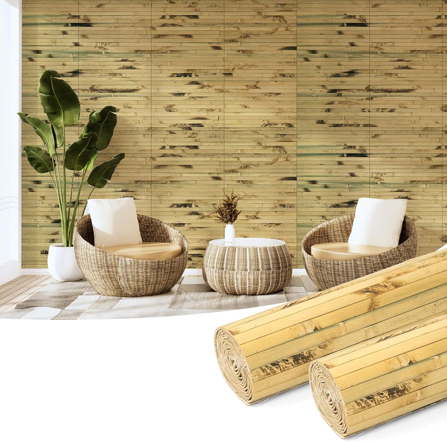 Hanynest Natural Bamboo Wall Panel, Flexible Pole Wrap Wainscoting Cladding for Living Room Bedroom Office Kitchen Island, Light-Carbonized, 48 x 96in
