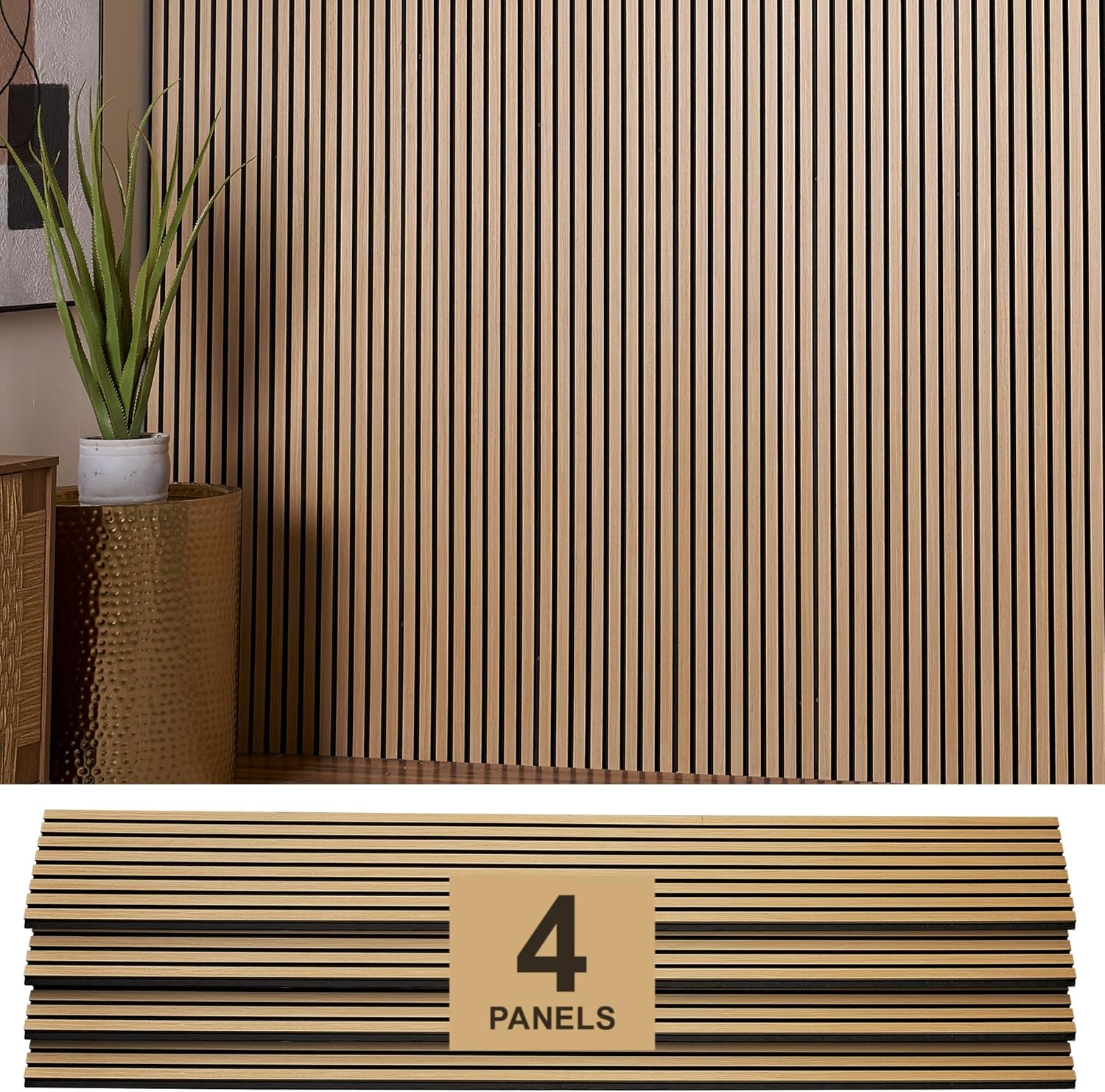 Hanynest Oak Acoustic Wood Wall Panels 4-Pack, Soundproof Slat Wall Panels for Interior Decoration, 94.49" x 12", Oak