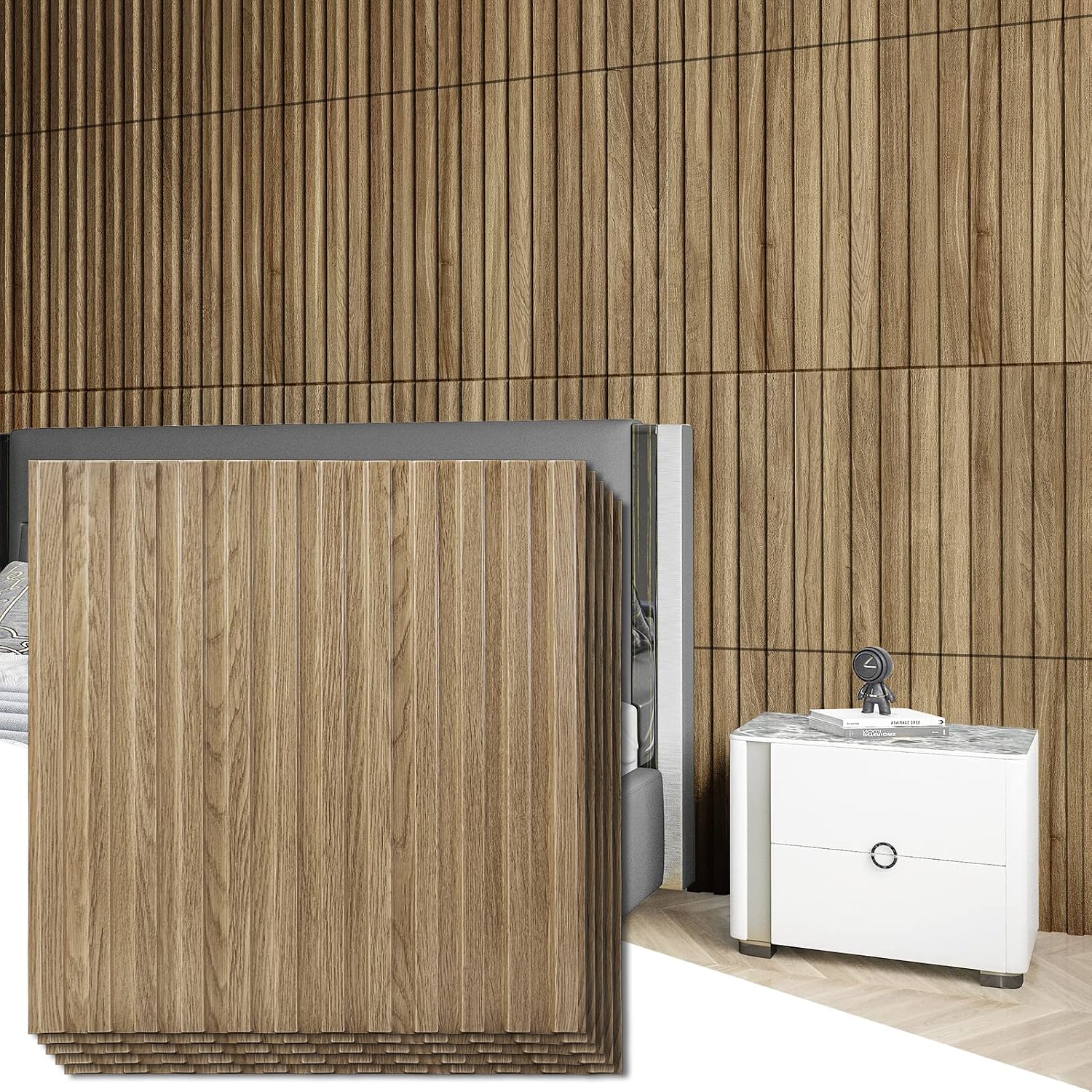 Hanynest 3D Fluted Textured Slat Wall Panel, 12-Tile Pack, Wood Grain Decorative Wall Panel, Walnut, 19.7 x 19.7in
